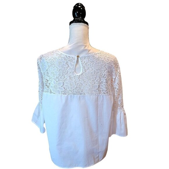 Marc New York White Stylish Evening Blouse with Lace and Bell Sleeves in Size L - Picture 3 of 4